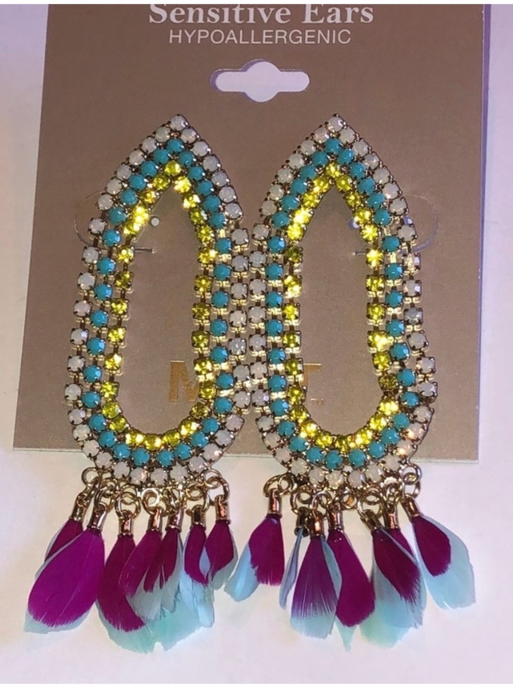 NWT Mix-It Earrings Purple Blue Feathers prong-set crystals Post, sensitive ears